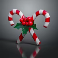 Festive Red And White Striped Candy Canes With Crossed Design And Red Berries Green Leaves