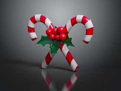 Festive Red And White Striped Candy Canes With Crossed Design And Red Berries Green Leaves 3d model