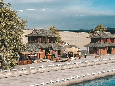 Scenic Traditional Chinese Architecture View With Green Trees Riverfront Stone Path And White Railings 3d model