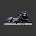 Reclining Black Metal Lion Statue With Detailed Mane And Moss On Stone Base