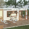 Container Building Coffee Shop With Outdoor Seating Lawn Trees And Pergola