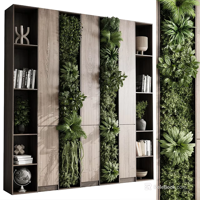 Modern Indoor Interior With Vertical Plant Wall Wooden Bookshelves And Decorative Plants 3d model 