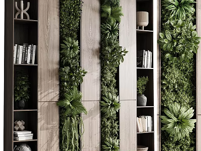 Modern Indoor Interior With Vertical Plant Wall Wooden Bookshelves And Decorative Plants 3d model