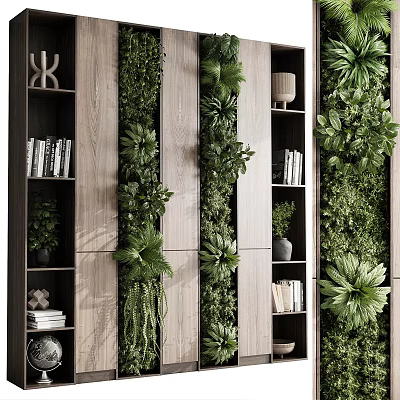 Modern Indoor Interior With Vertical Plant Wall Wooden Bookshelves And Decorative Plants 3d model