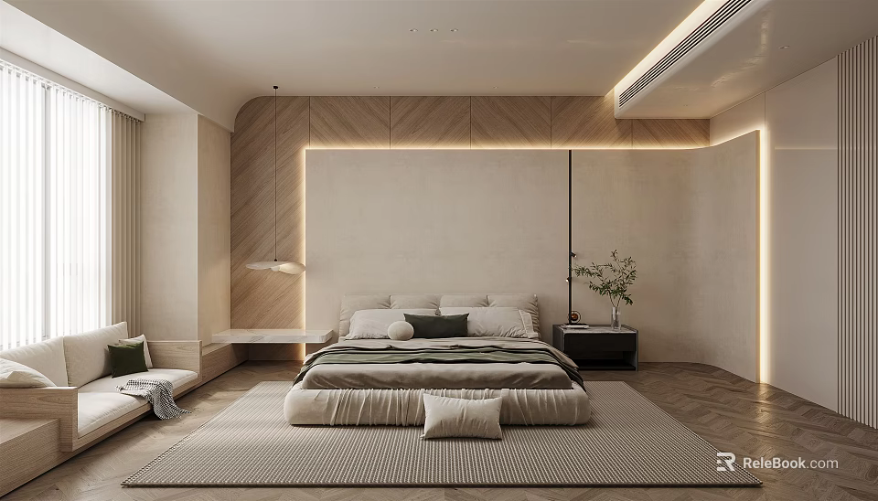 Modern Bedroom Interior With Wooden Headboard Neutral Bedding Soft Lighting And Area Rug 3d model 