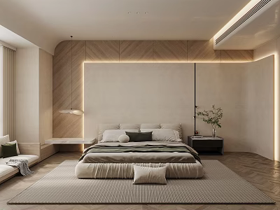 Modern Bedroom Interior With Wooden Headboard Neutral Bedding Soft Lighting And Area Rug 3d model