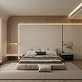 Modern Bedroom Interior With Wooden Headboard Neutral Bedding Soft Lighting And Area Rug