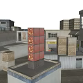 Urban Storage Area With Red Brick Buildings Metal Sheds Containers And Sign