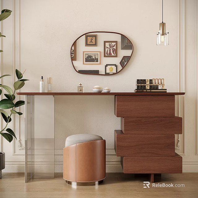 Elegant Walnut Dressing Table With Oval Mirror Leather Stool And Cosmetic Decor Items 3d model 