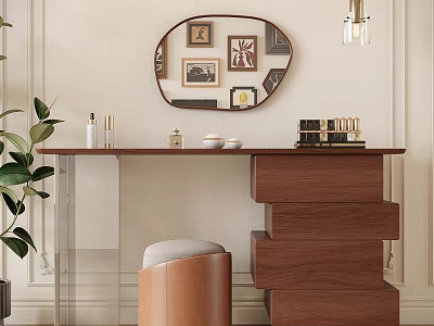 Elegant Walnut Dressing Table With Oval Mirror Leather Stool And Cosmetic Decor Items 3d model