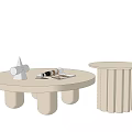 Round Coffee Table With Cylindrical Legs Decorative Item And Magazine Alongside Small Round Side Table 3d model