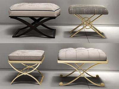 Stylish Ottoman Designs With Gold Metal Legs Dark Wood Base And Striped Velvet Cushions 3d model