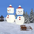 Inflatable Snowmen With Red Hats Blue Scarves Pine Trees Gazebo And Sleds In Winter Landscape