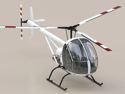 White Helicopter With Transparent Cockpit And Red White Rotor Blades 3d model