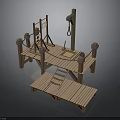 Wooden Platform Structure With Wooden Pillars Steps Beam And Rope