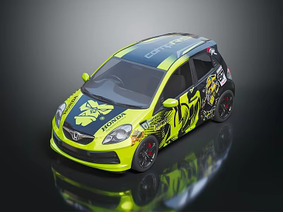Vibrant Yellow Honda Compact Car With Bold Graffiti Design And Sporty Black Wheels 3d model