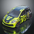 Vibrant Yellow Honda Compact Car With Bold Graffiti Design And Sporty Black Wheels
