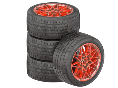 Stacked Car Tires With Red Alloy Rims And Sporty Spoke Design 3d model