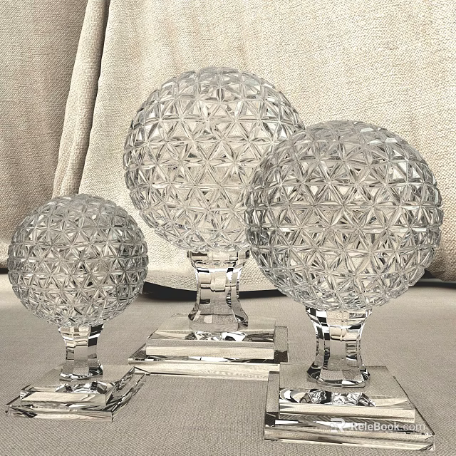 Various Sizes Transparent Crystal Sphere Decorative Ornament Set with Geometric Patterns on Square Bases 3d model 