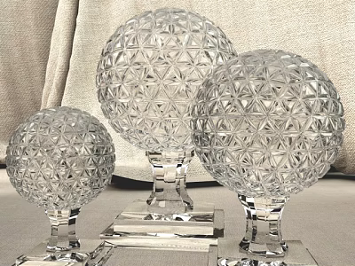 Various Sizes Transparent Crystal Sphere Decorative Ornament Set with Geometric Patterns on Square Bases 3d model