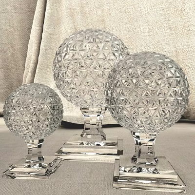Various Sizes Transparent Crystal Sphere Decorative Ornament Set with Geometric Patterns on Square Bases 3d model