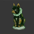 Ceramic Dog Figurine With Black Brown Fur And Green Collar On White Base