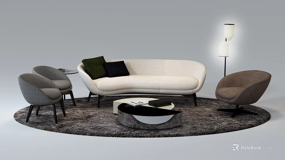 Modern Beige Sofa and Round Coffee Table Set with Accent Pillows Armchairs and Floor Lamp 3d model 
