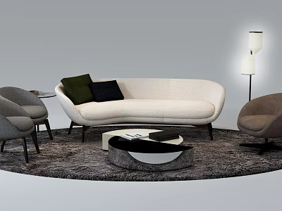 Modern Beige Sofa and Round Coffee Table Set with Accent Pillows Armchairs and Floor Lamp 3d model