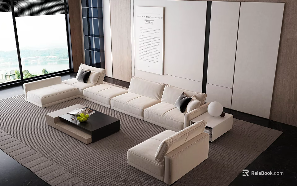 Modern Sofa Coffee Table Combination With White L Shaped Sofa And Black Coffee Table 3d model 