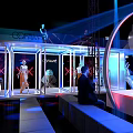 Tobacco and Liquor Store Interior With Arched Structures Colorful Lighting and Customers