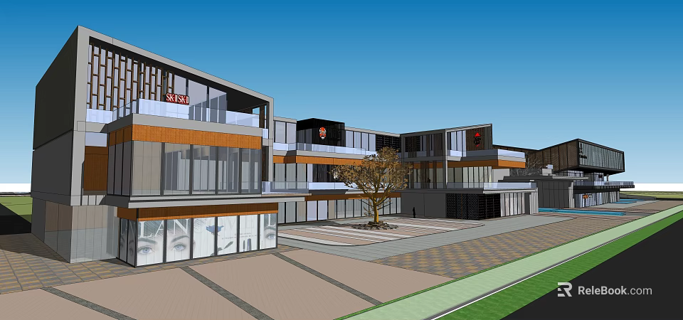 Modern Commercial Street With Glass Facades Open Plaza Trees And Paved Ground 3d model 