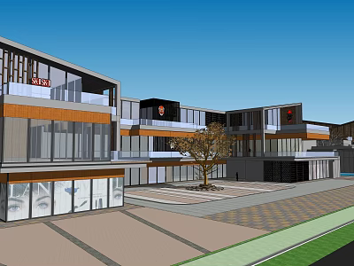 Modern Commercial Street With Glass Facades Open Plaza Trees And Paved Ground 3d model