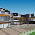 Modern Commercial Street With Glass Facades Open Plaza Trees And Paved Ground