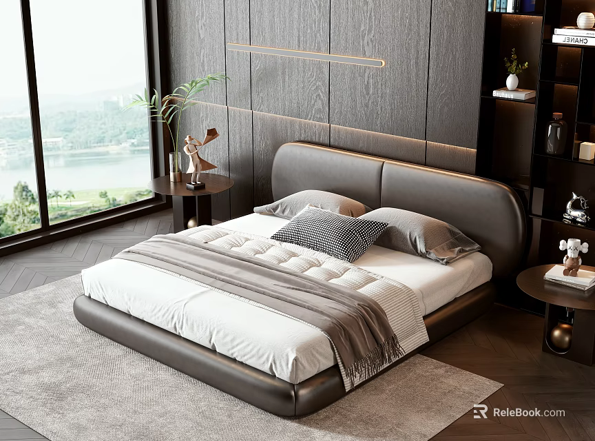 Modern Double Bed with Leather Headboard Gray White Pillows Wooden Wall and Large Window View 3d model 