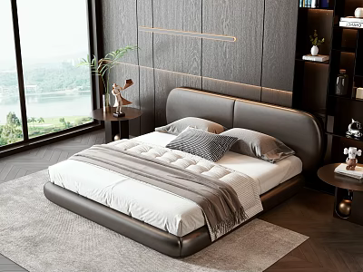 Modern Double Bed with Leather Headboard Gray White Pillows Wooden Wall and Large Window View 3d model