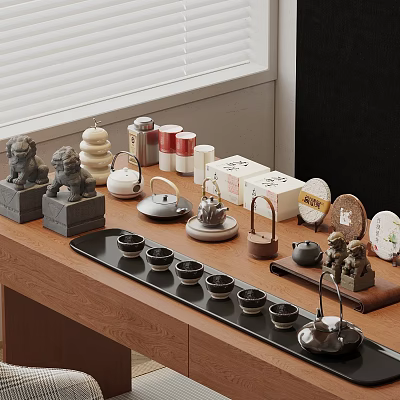 Traditional Chinese Tea Set with Teapots Teacups and Lion Figurines on Wooden Tray 3d model