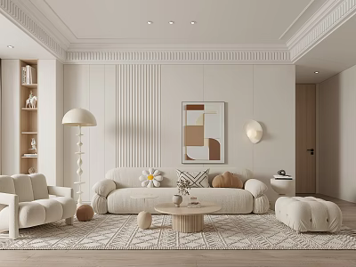 Minimalist Living Room Interior Design With White Sofa Floor Lamp And Decorative Artwork 3d model