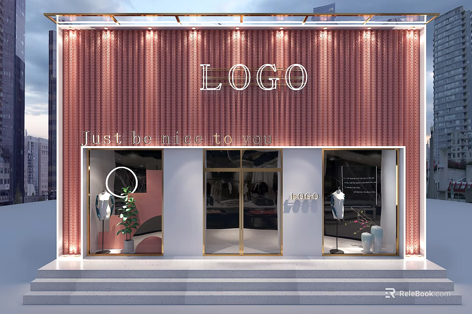 Modern Storefront with Red Paneled Wall LOGO Display Windows Mannequins and Plant Decor 3d model 