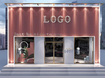 Modern Storefront with Red Paneled Wall LOGO Display Windows Mannequins and Plant Decor 3d model