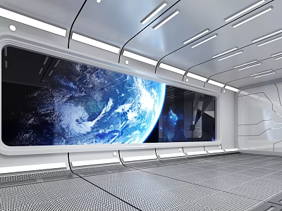 Futuristic Exhibition Hall With Large Earth Display Screen And Metallic Floor Design 3d model