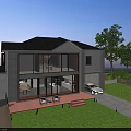 Two Story Detached Villa with Gray Roof Large Glass Windows Terrace and White Lounge Chairs