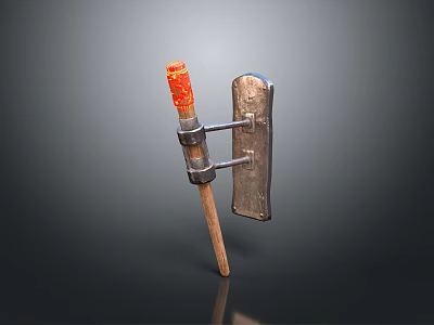 Traditional Hand Tool With Wooden Handle Red Decoration And Metal Plate 3d model