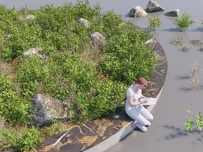 Lush Green Ground Cover Plants With Rocks And Person Sitting On Edge By Water Body 3d model