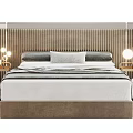 Modern Double Bed with Striped Headboard Nightstands Table Lamps Pillows and Throw Blanket