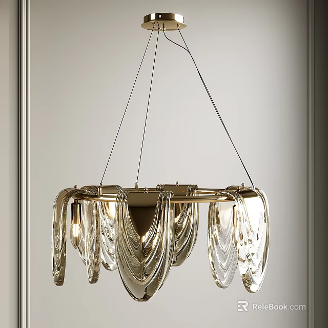Modern Chandelier with Transparent Curved Glass Elements and Metal Frame Hanging in Living Room 3d model 