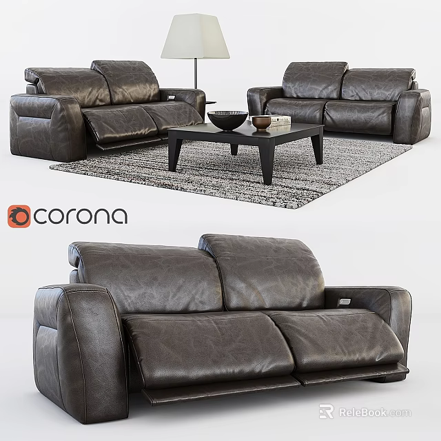 Dark Leather Sofa Set With Coffee Table Area Rug And Corona Render Design 3d model