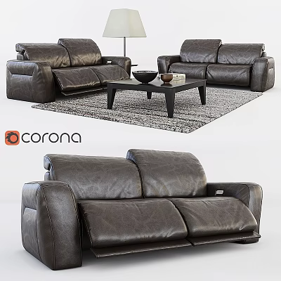 Dark Leather Sofa Set With Coffee Table Area Rug And Corona Render Design 3d model