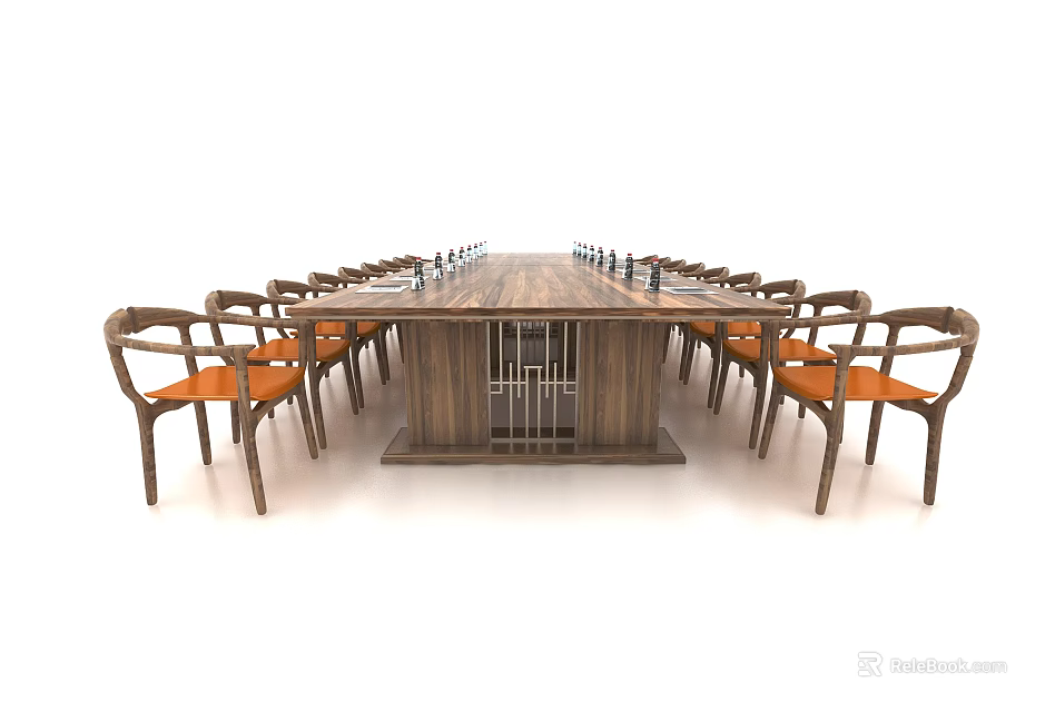 Rectangular Wooden Dining Table Set With Orange Cushioned Chairs And Storage Shelf 3d model 