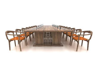 Rectangular Wooden Dining Table Set With Orange Cushioned Chairs And Storage Shelf 3d model