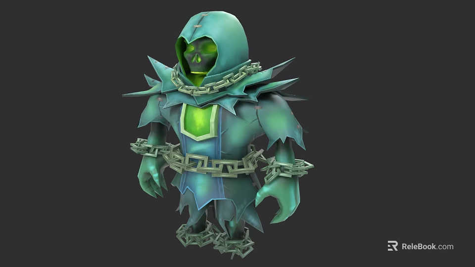 Fantasy Game Movie Character Green Hooded Skull With Chains And Green Gem Armor 3d model 
